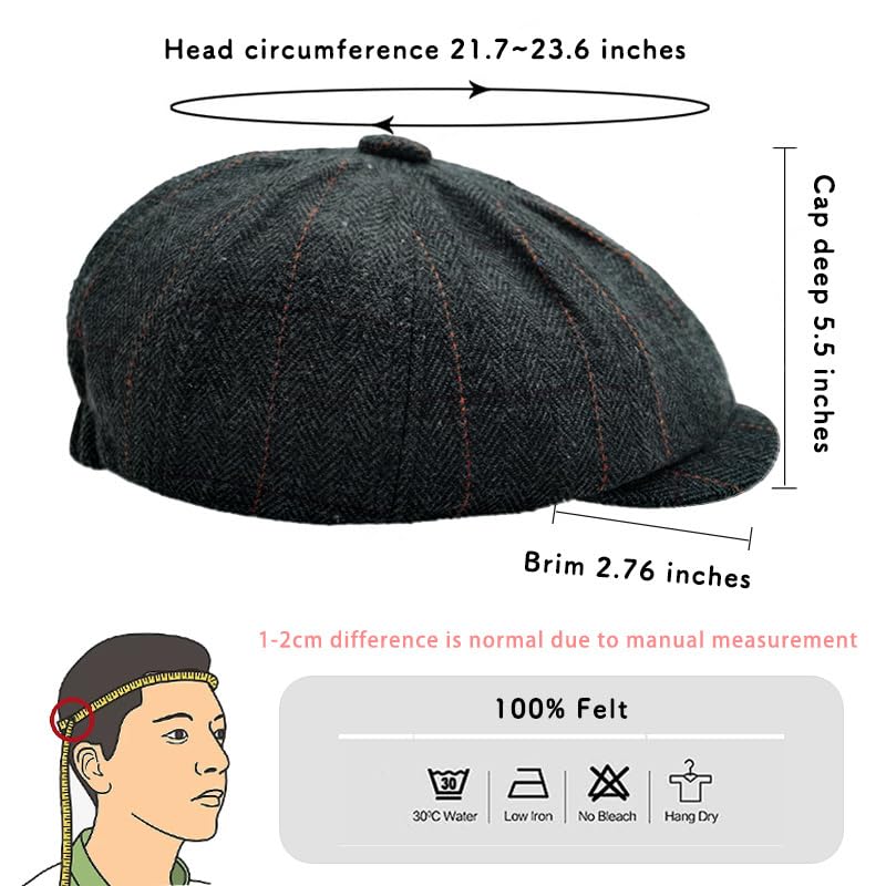 Charmylo Newsboy Cap Gatsby Baker Boy Hat Flat Caps Tweed Adjustable Peaky Herringbone Cloth Cap Hat Black - Image 4